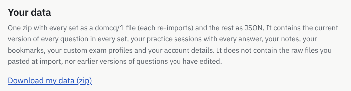 The account page’s Your data section with the Download my data (zip) link.