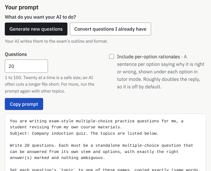 Lower on the prompt builder: the two prompt modes, the Copy prompt button and the start of the prompt, filled with the example subject and topics.
