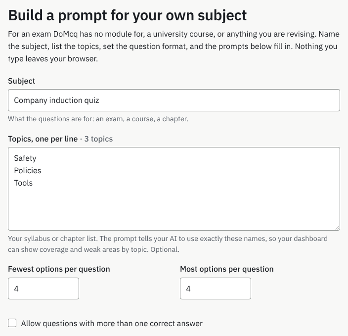 The prompt builder with a subject and three topics filled in, and the question format set to four options with one correct answer.