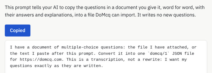 The Copy prompt button after pressing it, now reading Copied, above the prompt text.