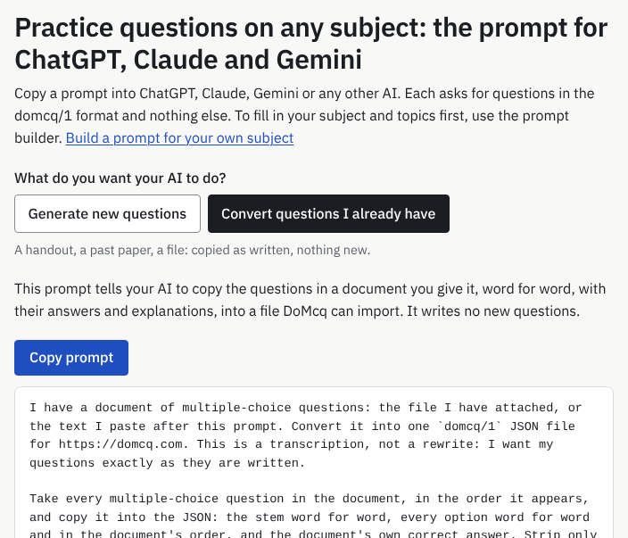 DoMcq’s prompt page for any subject, with Convert questions I already have selected, a note on what the prompt does, the Copy prompt button and the start of the prompt.