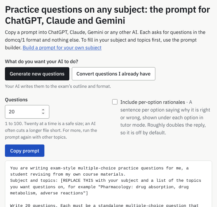 DoMcq’s prompt page with Generate new questions selected, the Questions box set to 20, the per-option rationales tick-box and the Copy prompt button.