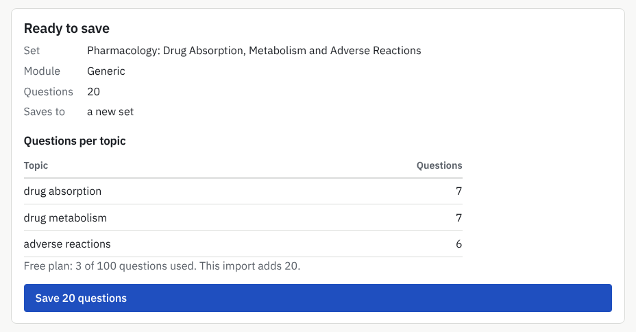 The Import questions page after pasting an AI’s reply: Ready to save, with the set name, module, number of questions, where they will be saved, the questions per topic and the Save button.