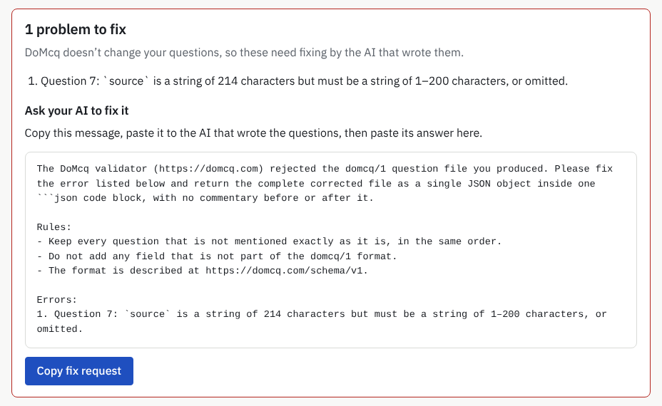 The Import questions page showing 1 problem to fix: a message about question 7, then Ask your AI to fix it, the fix request and the Copy fix request button.