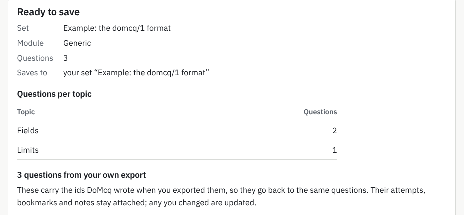 The Import questions page after pasting an exported set: the questions are recognized as coming from your own export.