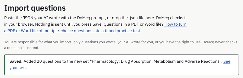 The Import questions page after saving: a Saved notice naming the new set and the number of questions added, with a link to see your sets.