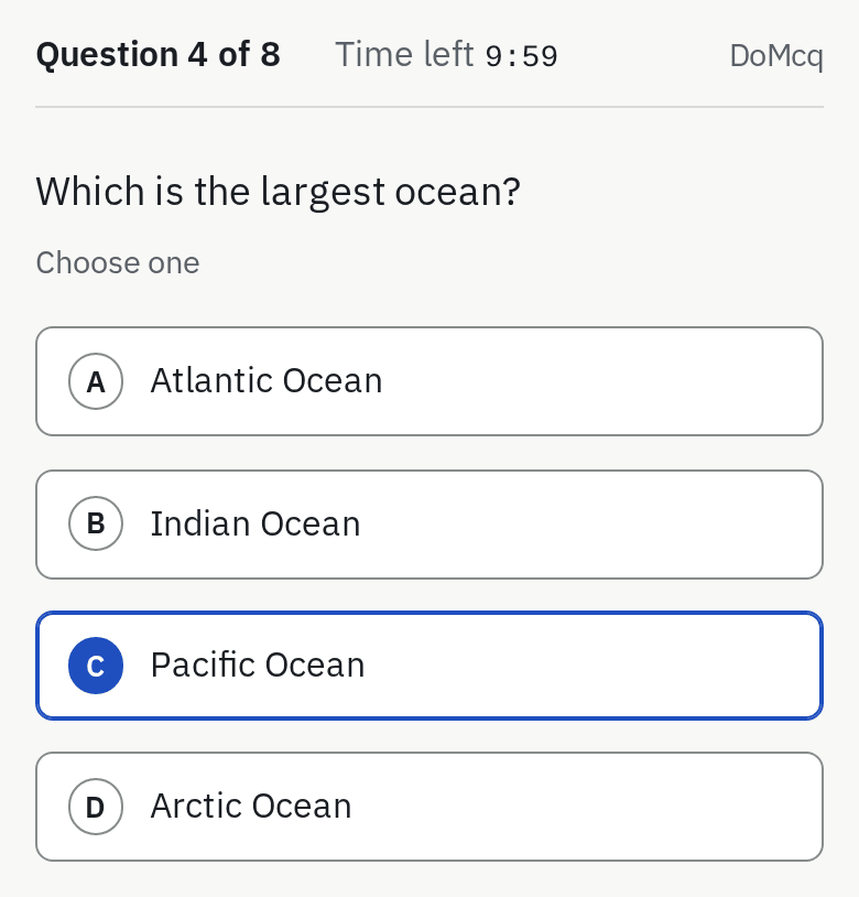 A sample question in exam mode: the time left, the question and its options, one chosen.