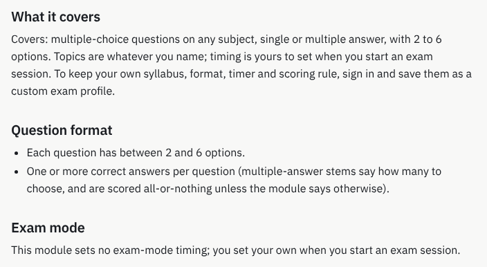 A module page showing What it covers, Question format and Exam mode.
