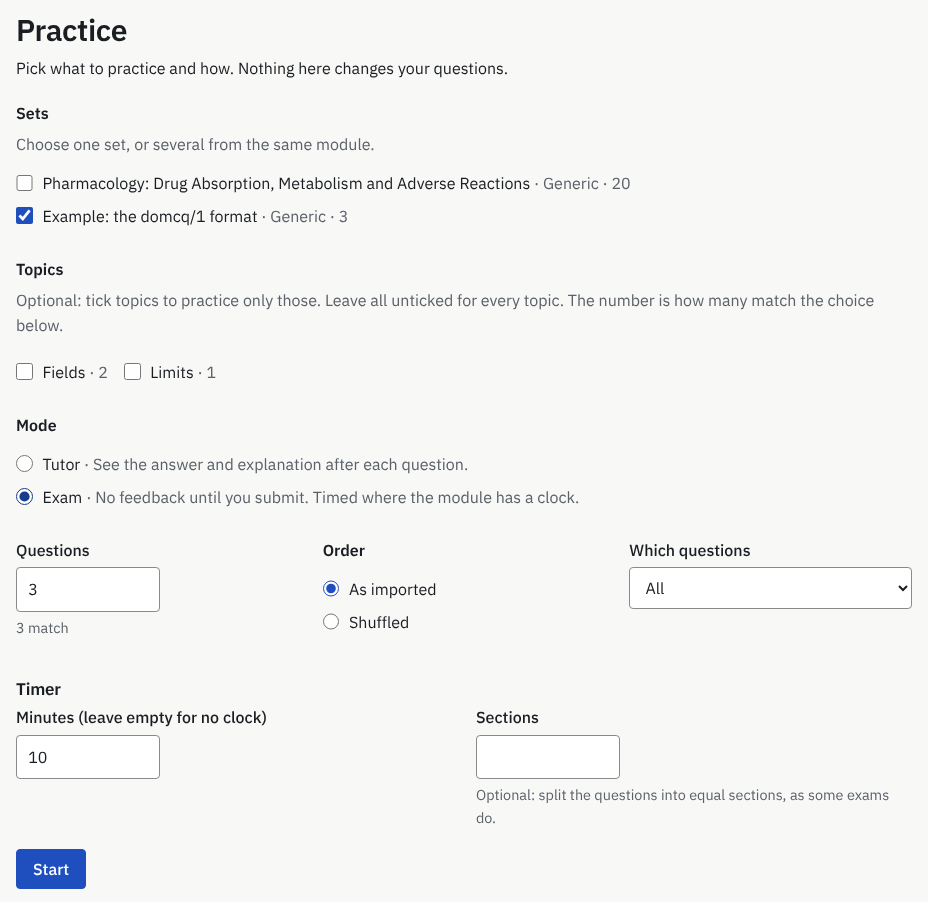 The Practice page: one set ticked, its topics, Tutor and Exam modes with Exam chosen, the number of questions, the order, which questions, the timer set to 10 minutes and the Start button.