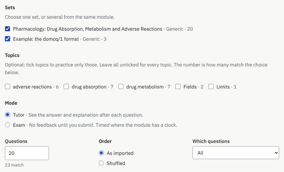 The Practice page with two sets ticked for one session and the count of matching questions.