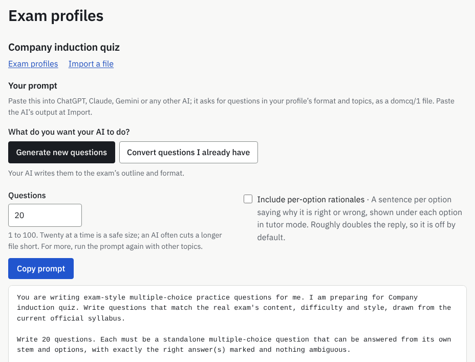 A saved exam profile’s page: the link to import a file, and the profile’s own prompt with its Copy prompt button.