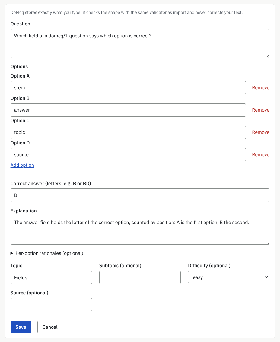 A question on the results page with Edit question open: the question, its options, the correct answer letters, the explanation and the Save button.