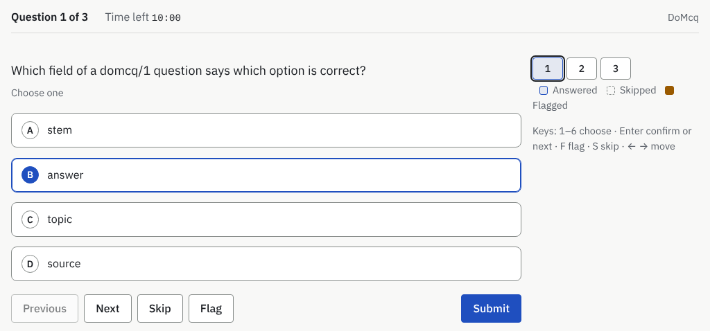 A question in exam mode: Question 1 of 3, the time left, the options, Skip and Flag, and the question navigator.