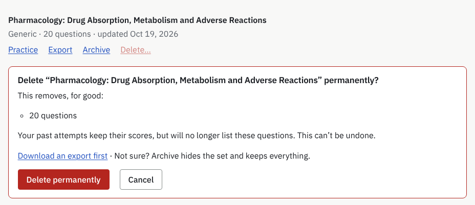 The confirmation that opens after Delete on a set: what will be removed for good, the offer to download an export first or archive instead, and the Delete permanently button.